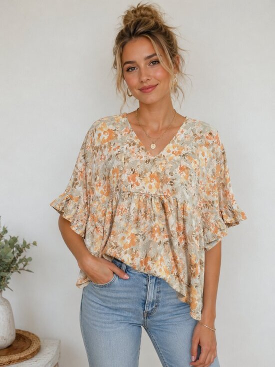 ANDREE BY UNIT Tops - ANDRÉE by Unit Floral Boho Blouse Small Rayon Babydoll Top Ruffle Sleeve Peasant
